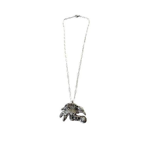 Crow Sterling Silver Clay Pendant Lab White CZ Hand Stamped Sterling 925 Chain - Picture 1 of 10